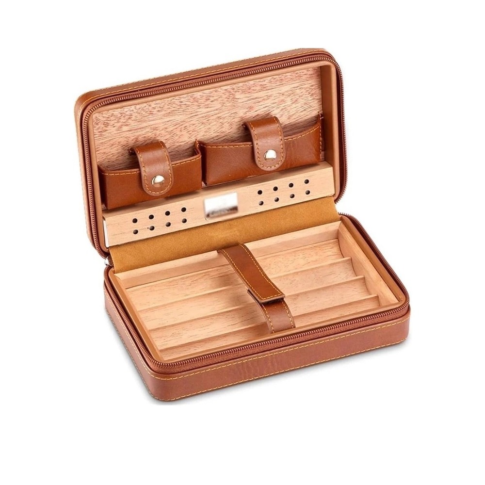 New Travel Cigar Humidor Case Cedar Lined Cognac Brown Zippered 4 Cigar